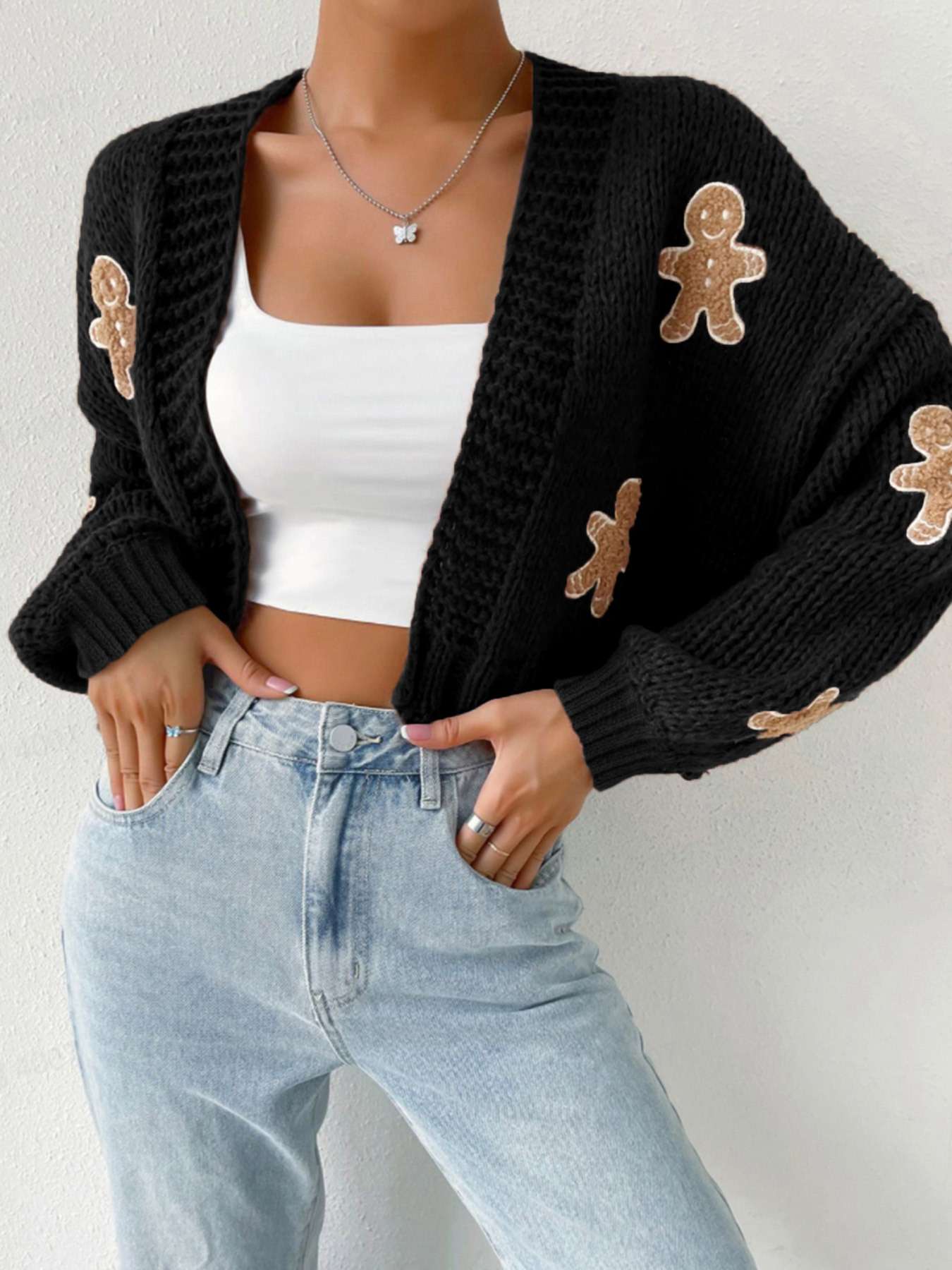 Gingerbread Embroidered Cardigan Jacket - M, Black image