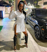 Button-Down Shirt Dress with Side Zippers - S, White image