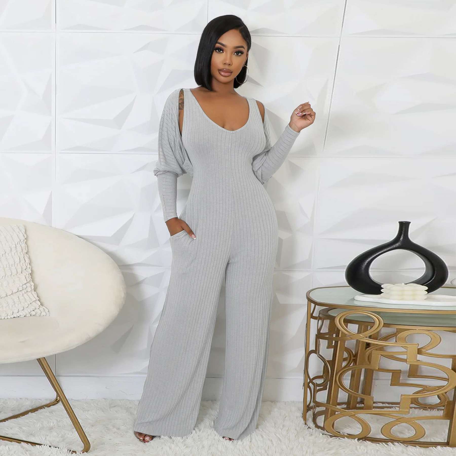 Two-Piece Jumpsuit Set - M, Grey image