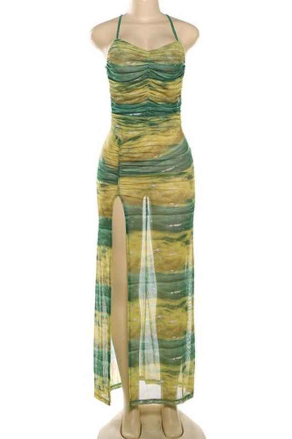 See-Through Ruffled Side Slit Sleeveless Maxi Dress image 4
