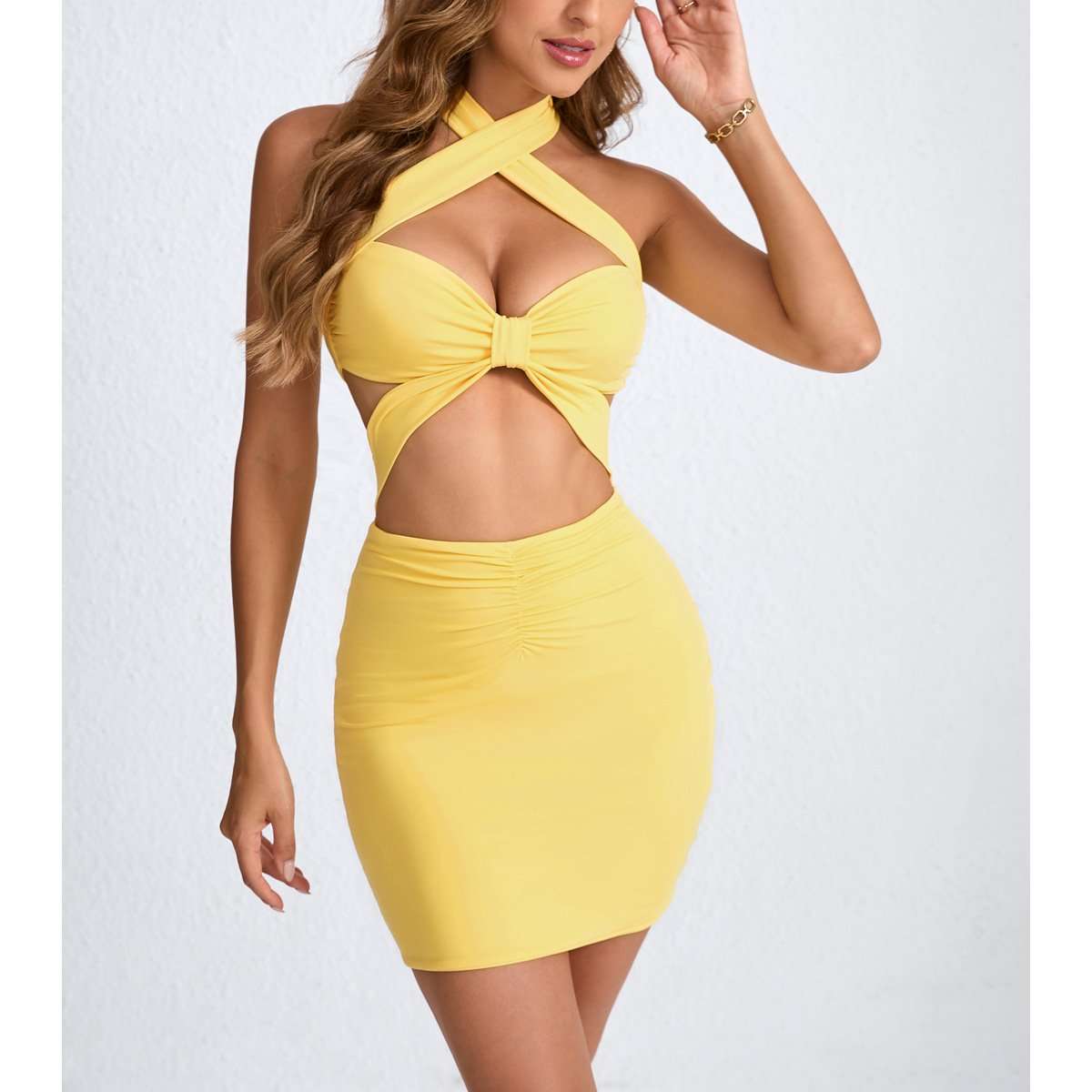 Cut-Out Halter Mini Dress - M, Yellow image