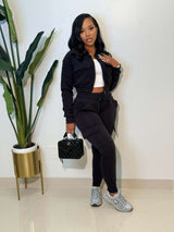 Baseball Collar Crop Zipper Sweatshirt Sweatpants Set - M, Black image