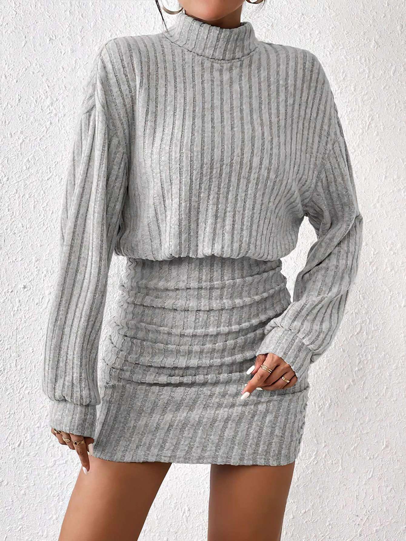 Turtleneck Bodycon Textured Fabric Dress image 4