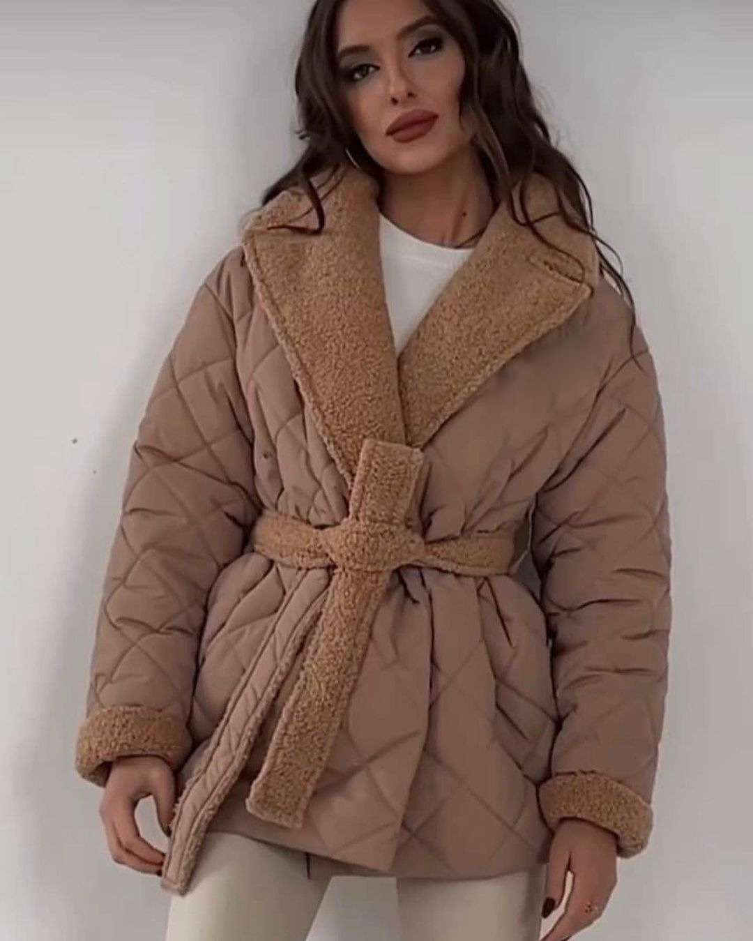 Womens Jacket Fleece Lapel Coat - L, Copper Tan Brown image