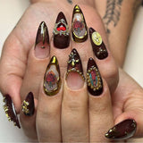 Press on Fake Nails with Vintage Golden Charms - Free Size, Brown image
