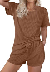 Textured Top & Drawstring Shorts Lounge Set - S, Brown image
