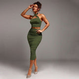 Ruched Halter Two-Piece Midi Set - L, Green image