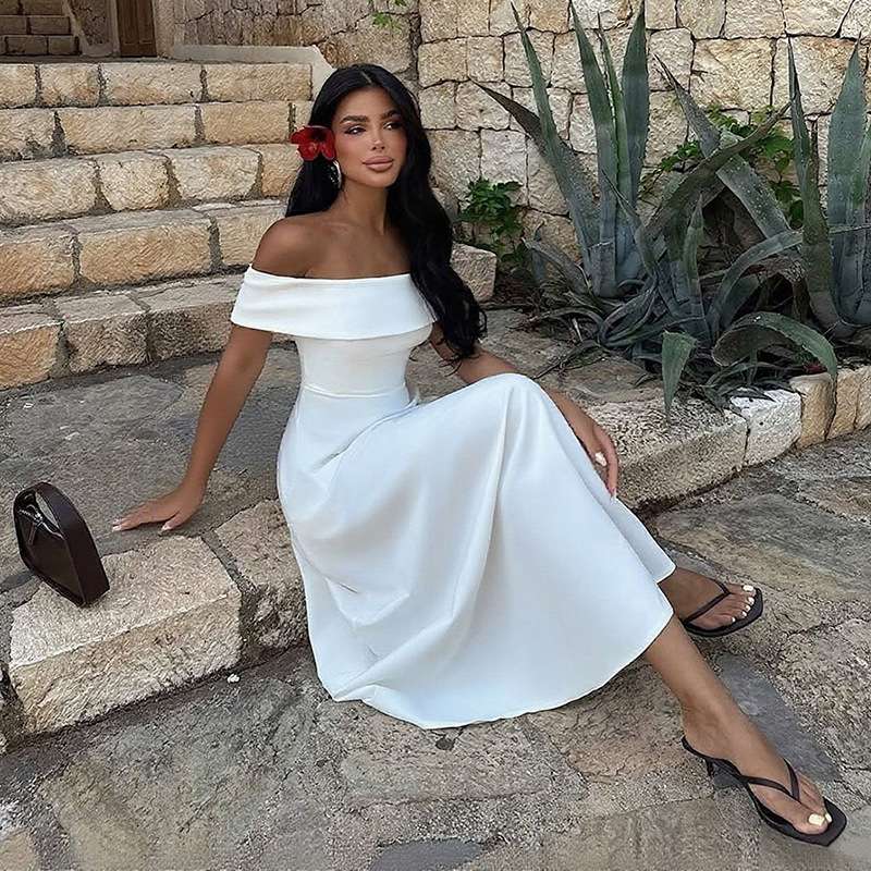 Off-Shoulder White A-Line Maxi Dress image 3
