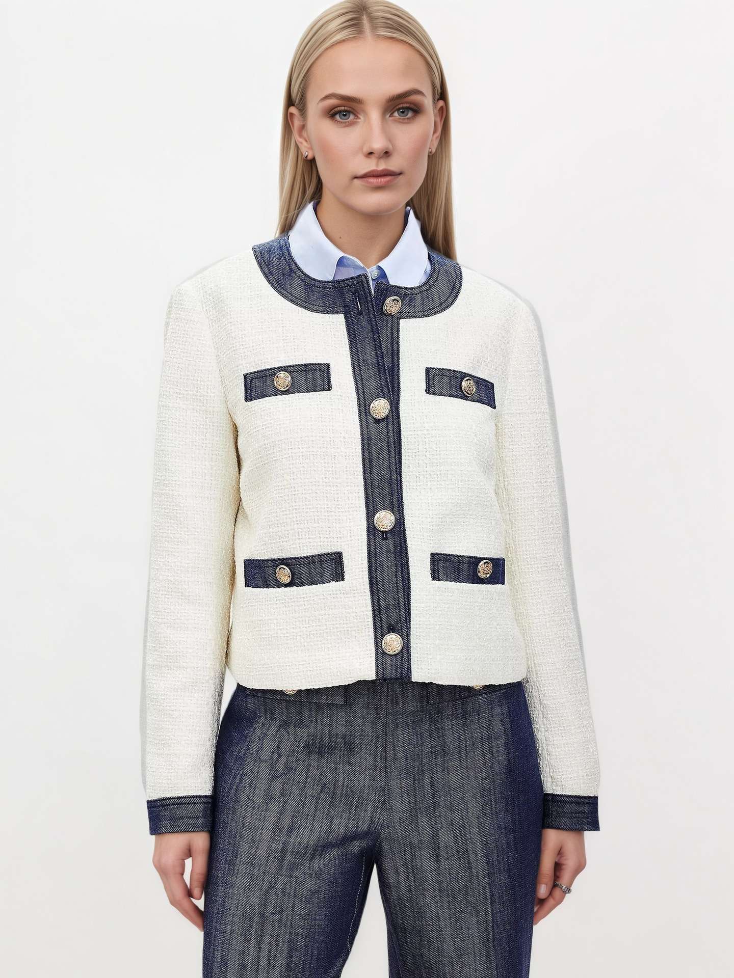 Tweed Jacket with Gold Button Details - M, White image