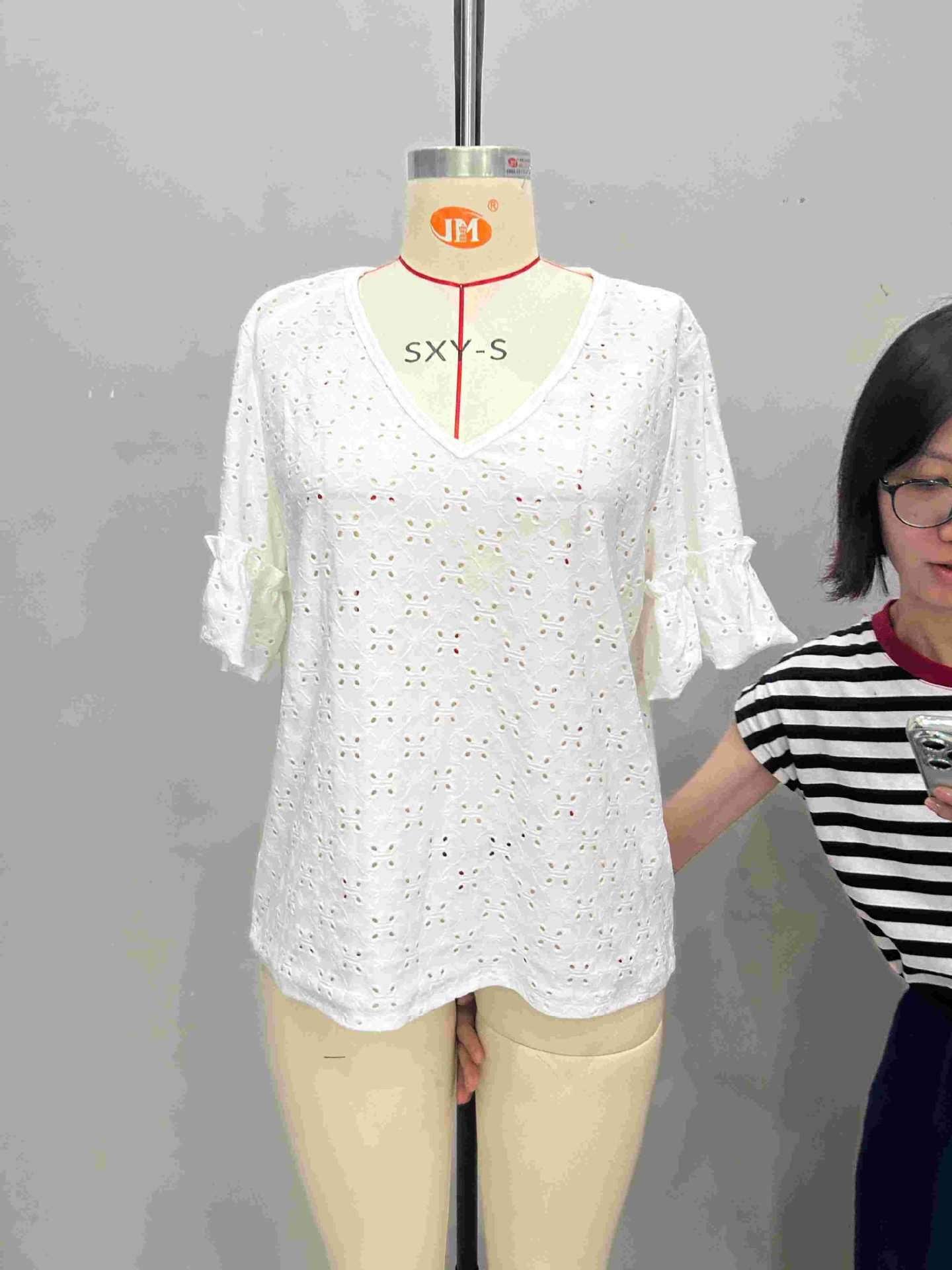 Eyelet V-Neck Top with Rolled Sleeves image 5
