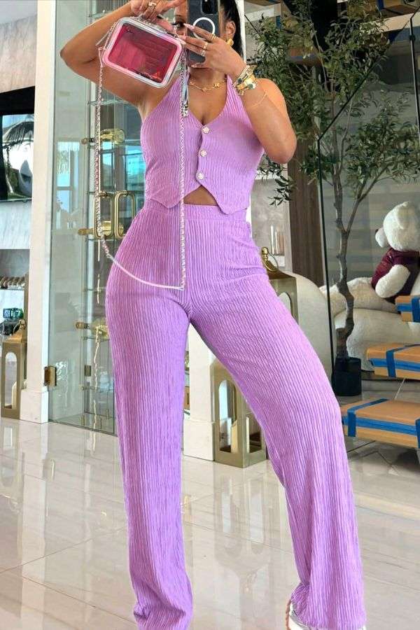 Ribbed Two-Piece Set with Button Details - L, Black image