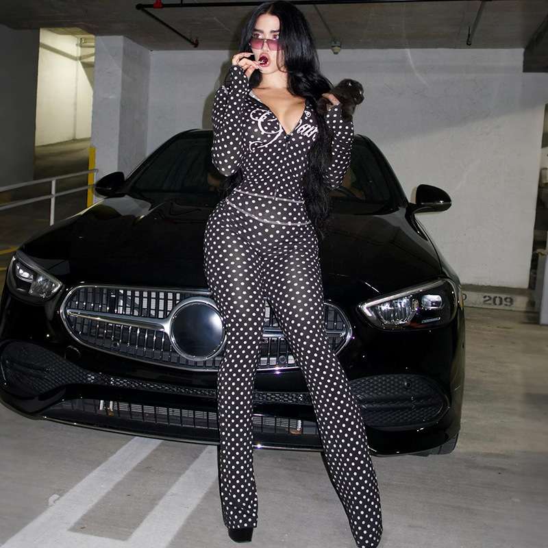 Elegant Polka Dot Zip-Up Set - L, Black image