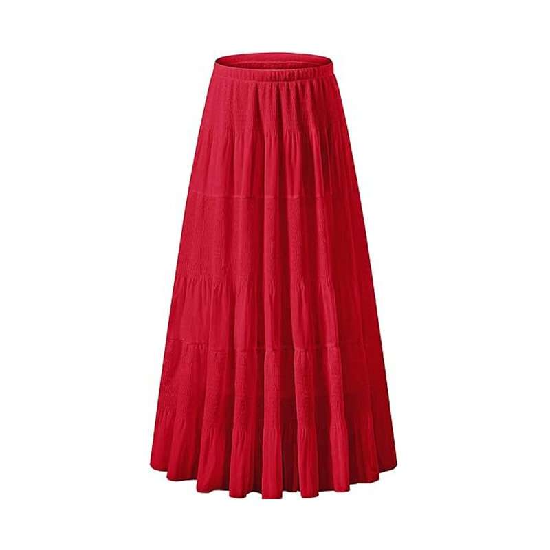 High Waist Pleated A-Line Flared Maxi Skirts - S, Red image
