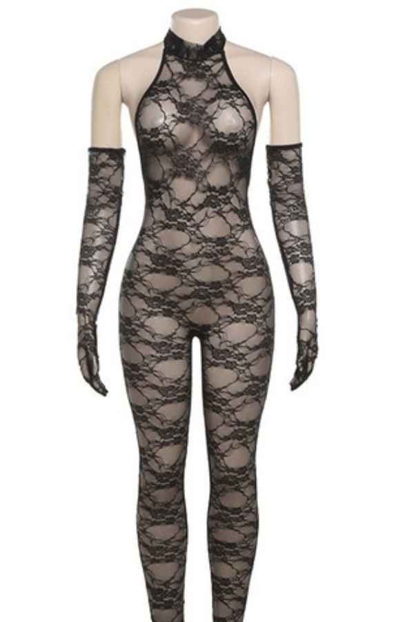 Sexy See-Through Mesh Open Back Glove Detail Jumpsuit image 2