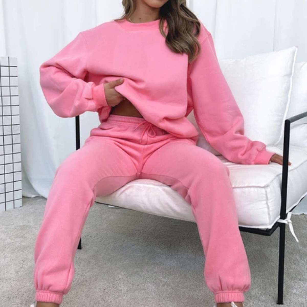 Solid Round Neck Pullover Sweatshirt and Jogger Pants - XL, Sachet Pink image