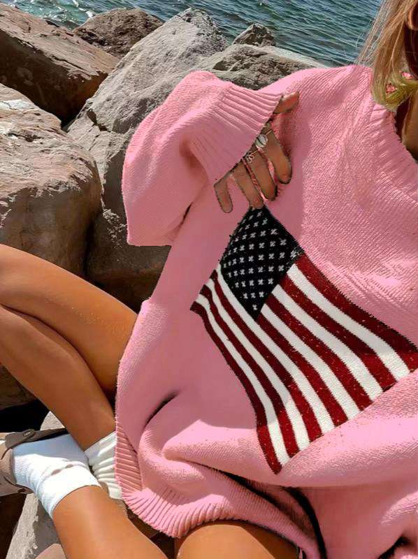 American Flag Graphic Long Sleeve Round Neck Pullover Sweater - M, Pink image