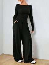 Casual Long-Sleeved T-Shirt Wide-Leg Pants Set - M, Black image