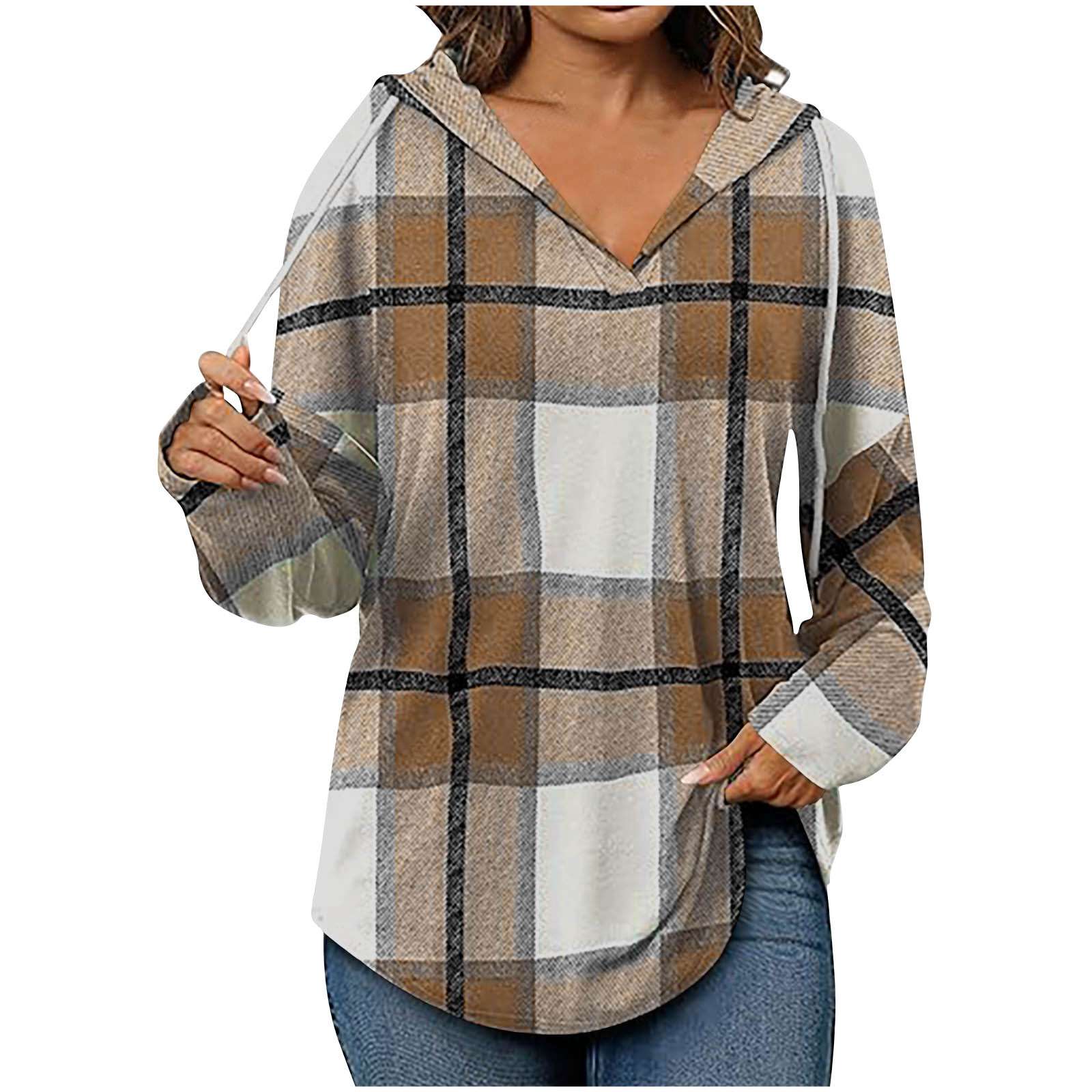 Plaid Hooded Flannel Shirt - S, Beige image