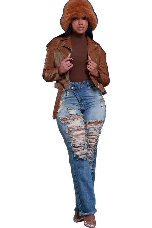 Asymmetrical Zip Bootcut Jeans - Denim Blue, M image