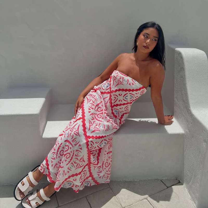 Elegant Strapless Patterned Maxi Dress image 4