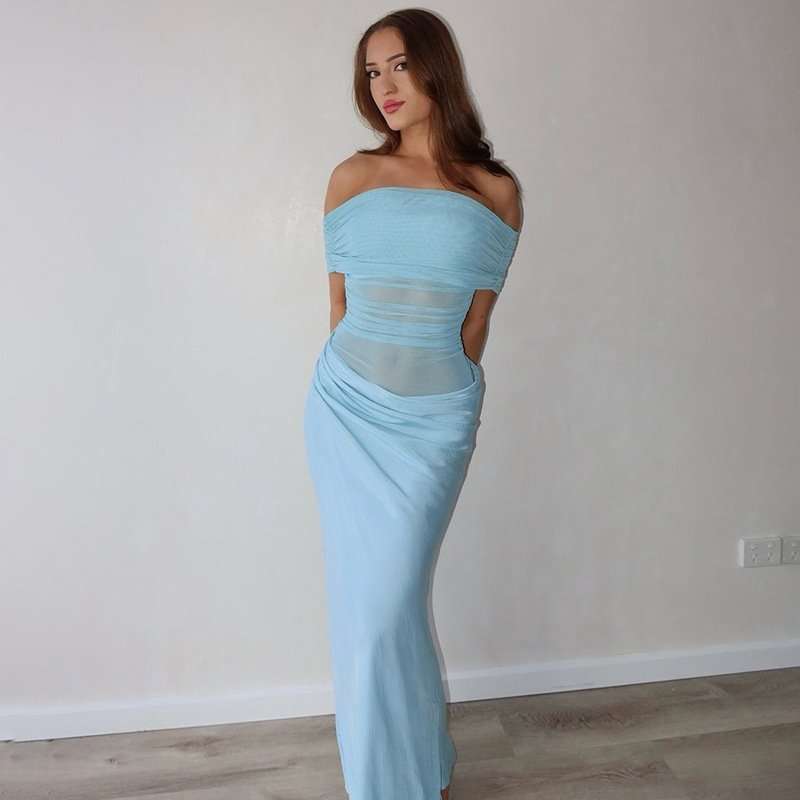 Off-Shoulder Mesh Maxi Dress - L, Sky Blue image