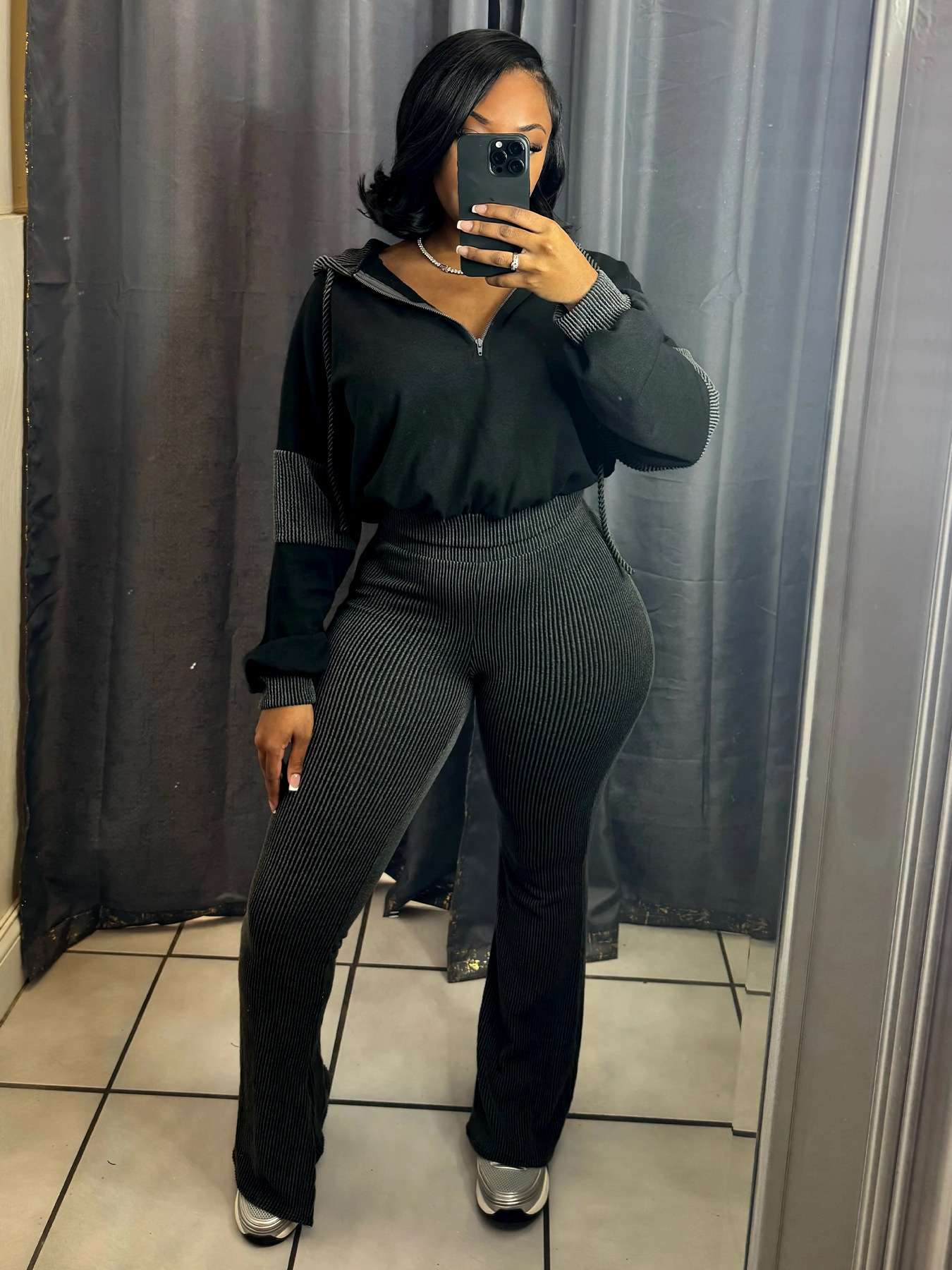 Two-Piece Set with Flared Pants & Hoodie - S, Black image