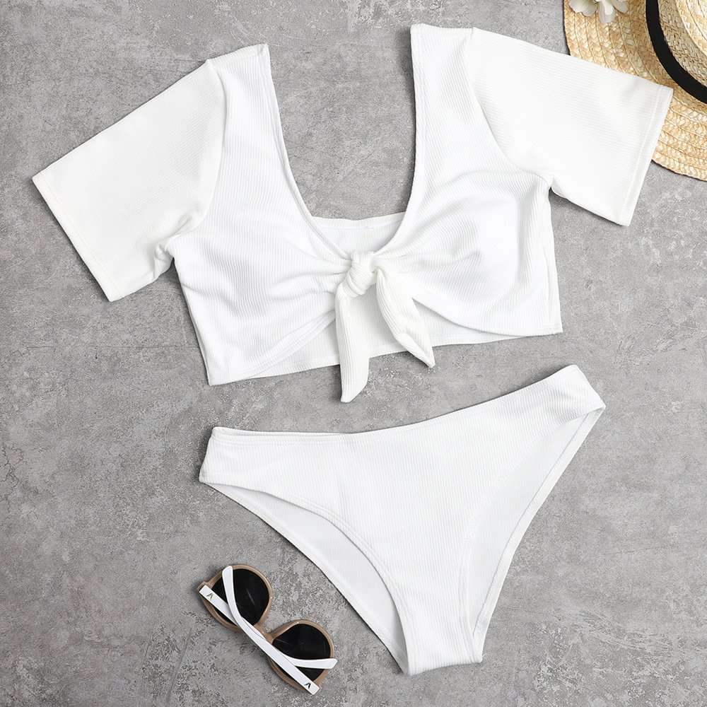 Sexy V Neck Short Sleeve Front Knot Tie Swimsuit image 3