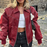 Long Sleeve Turn-down Collar Zip Front Coat - M, Red image