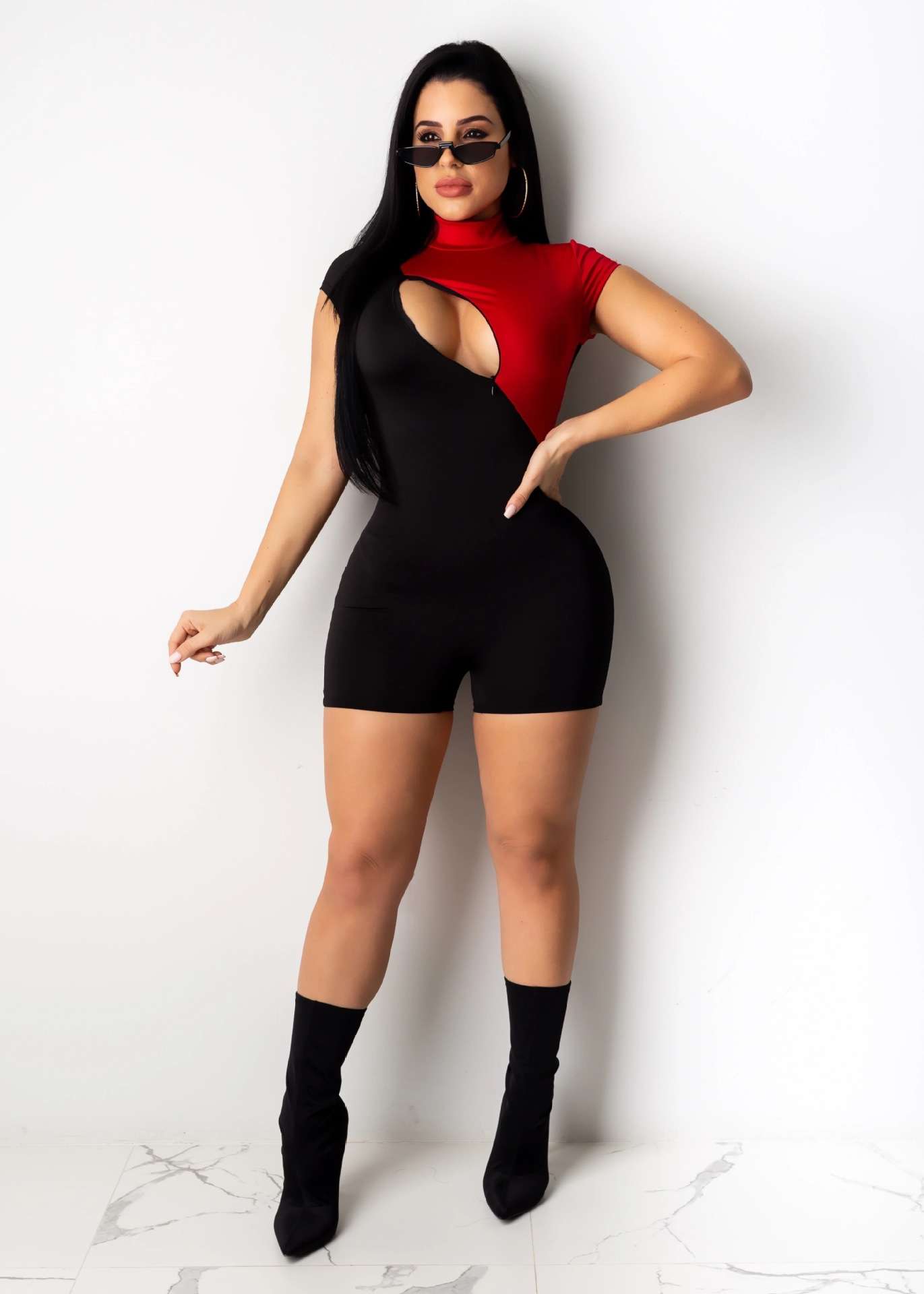 Asymmetrical Colorblock Bodycon Jumpsuit - M, Red image