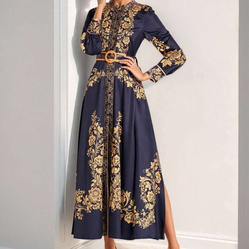 Retro Printed Long Sleeve Maxi Dress - L, Multi Black image