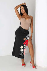Embroidered Patchwork Denim Midi Skirt - M, Black image