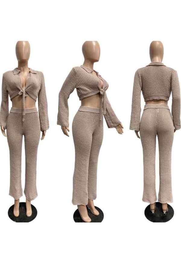 Sexy Knit Long Sleeve Top Two Piece Flared Pants Set image 6