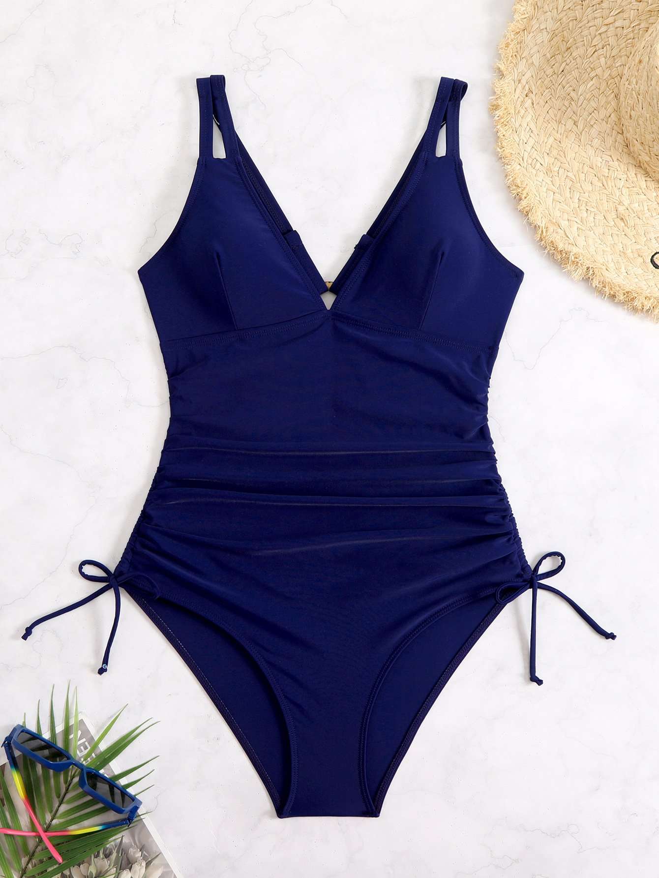 One-Piece Swimsuit with Adjustable Side Drawstrings - M, Malibu Blue image