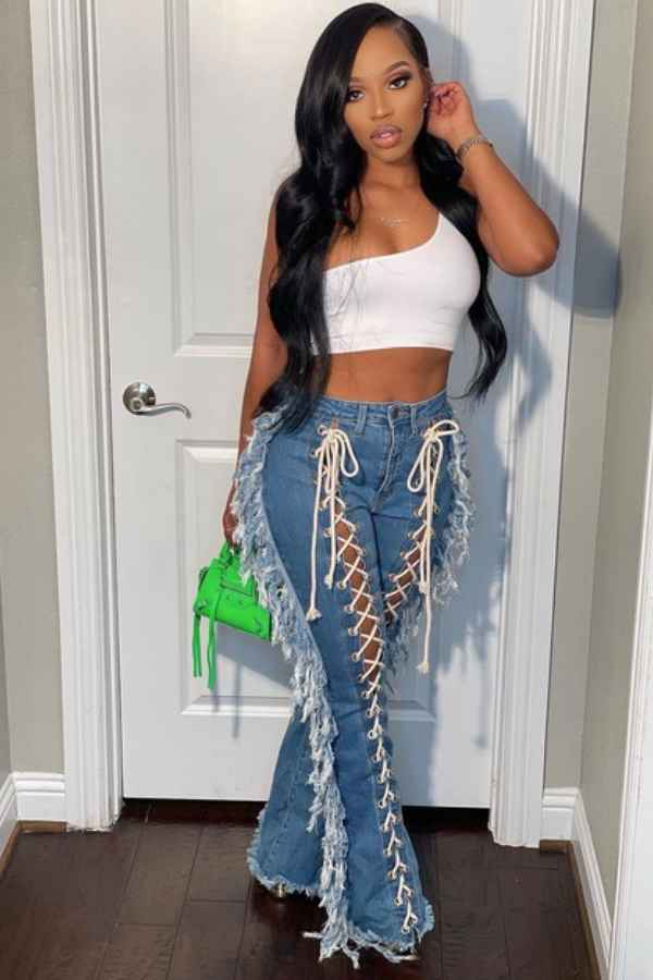 Lace Up Fringed Flared Denim Jeans image 0