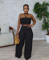 Two-Piece Strapless Crop Top & Wide-Leg Pants - S, Black image