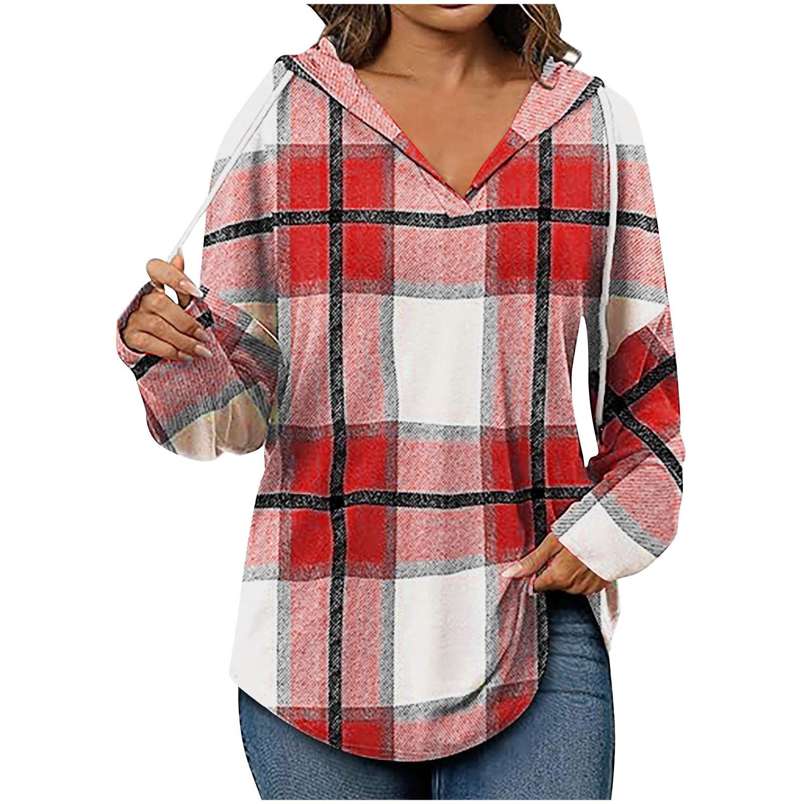 Plaid Hooded Flannel Shirt - L, Red image