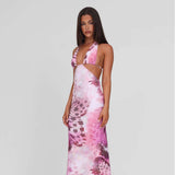 Butterfly-Print Cutout Maxi Dress - M, Multi Pink image