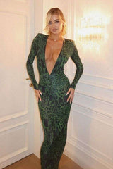 Leopard Print Deep Plunge Maxi Dress - L, Multi Green image