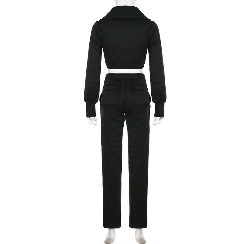 Turndown Collar Zipper Drawstring Crop Top and Pant set image 4