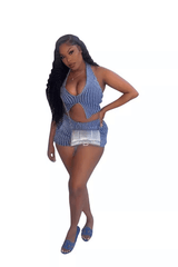 Women's 2 Piece Outfits Striped Rib Knit Halter Cropped Tank Tops Bodycon Shorts Sets image 2