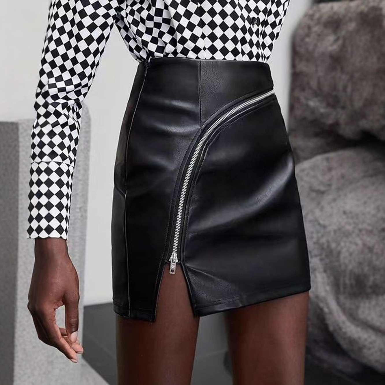 Faux Leather Mini Skirt with Asymmetric Zipper - L, Black image