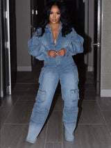 Wave Sleeve Button Up Cargo Denim Jumpsuit image 3
