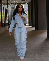 Casual Denim Irregular Two Piece Pants Set - L, Light Blue image