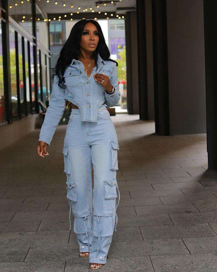 Casual Denim Irregular Two Piece Pants Set - L, Light Blue image