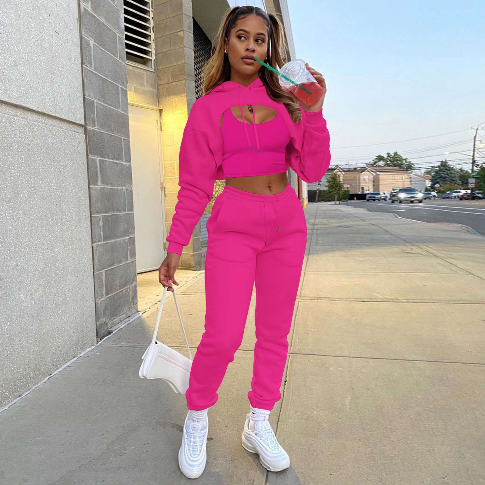Crop Top Hoodie Tank Sweatpants 3 piece set - XL, Dark Pink image