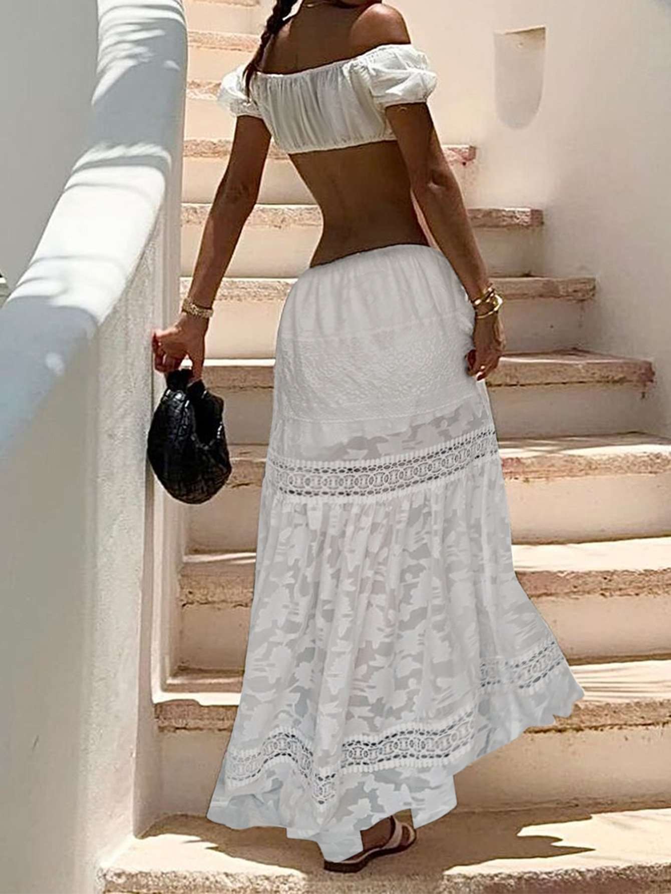 Off-Shoulder Crop Top & Lace Maxi Skirt Set image 3