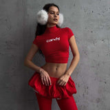 Crop Top & Puff Mini Skirt Set - L, Red image
