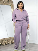 Loose V Neck Sweatshirt & Pants Set - S, Purple image