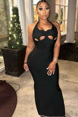 Sexy Plain Cut-Out Halter Neck Sleeveless Maxi Dress image 2
