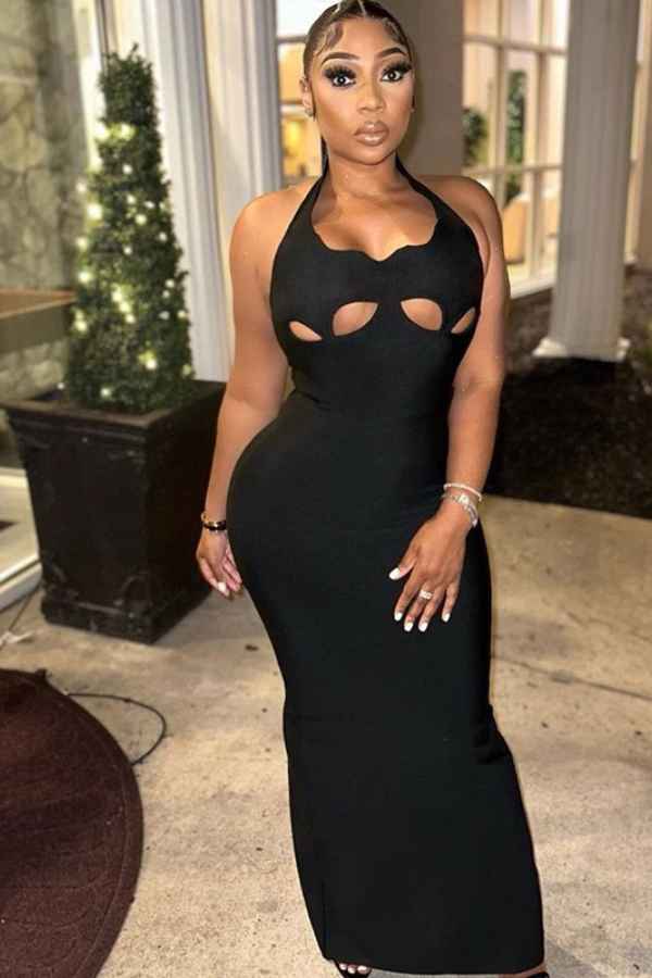 Sexy Plain Cut-Out Halter Neck Sleeveless Maxi Dress image 2
